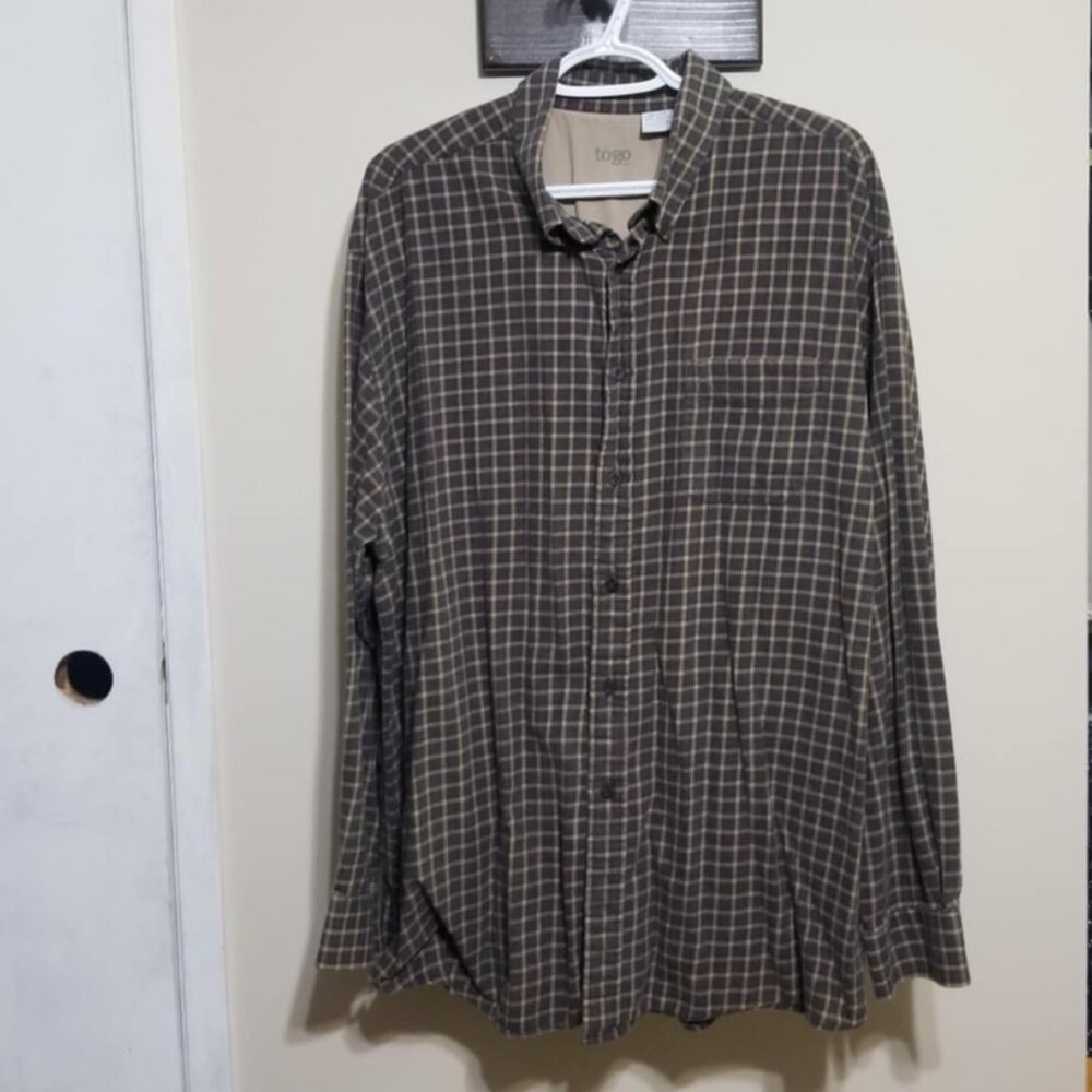 Togo Flannel Button Down Shirt Long Sleeve XL Brown Tan Plaid Casual